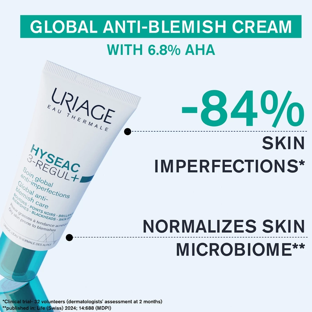 Uriage Hyseac 3-Regul + 40ml Limits Excess Sebum, Eliminate Blackhead for Oily to Combination Skin